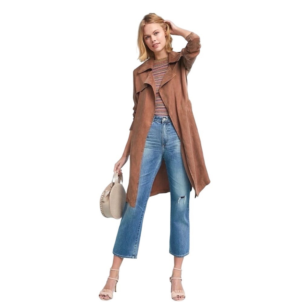 Anthropologie Moth Carrie Belted Trench Coat Brown Belted Cupro Viscose L Large